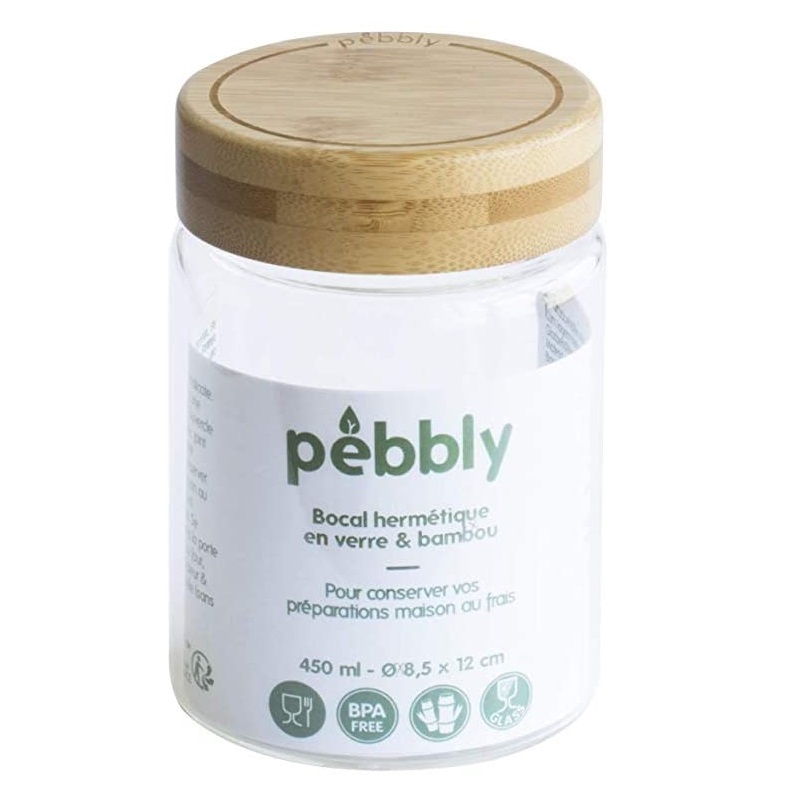Bocal en verre avec couvercle a visser en bambou 450 ml - pebbly