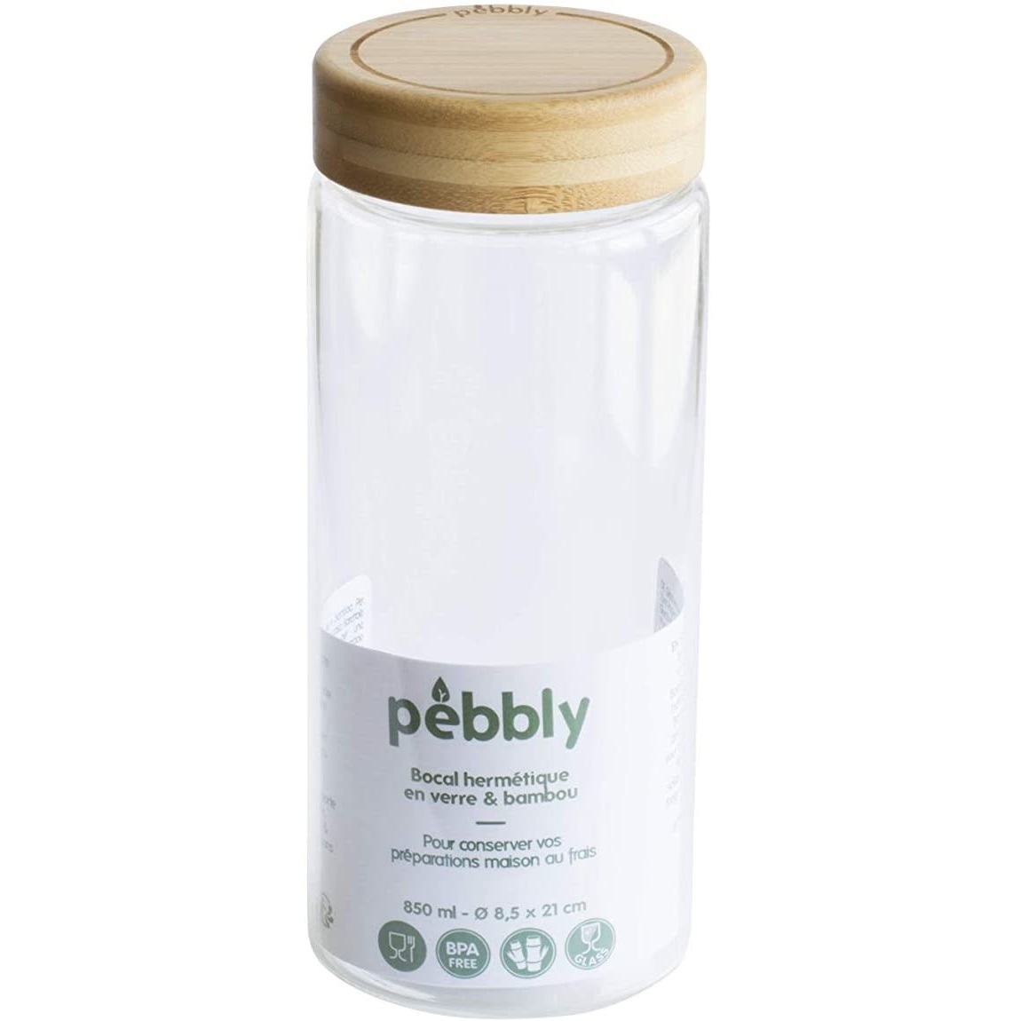 Bocal en verre avec couvercle a visser en bambou 850 ml - pebbly