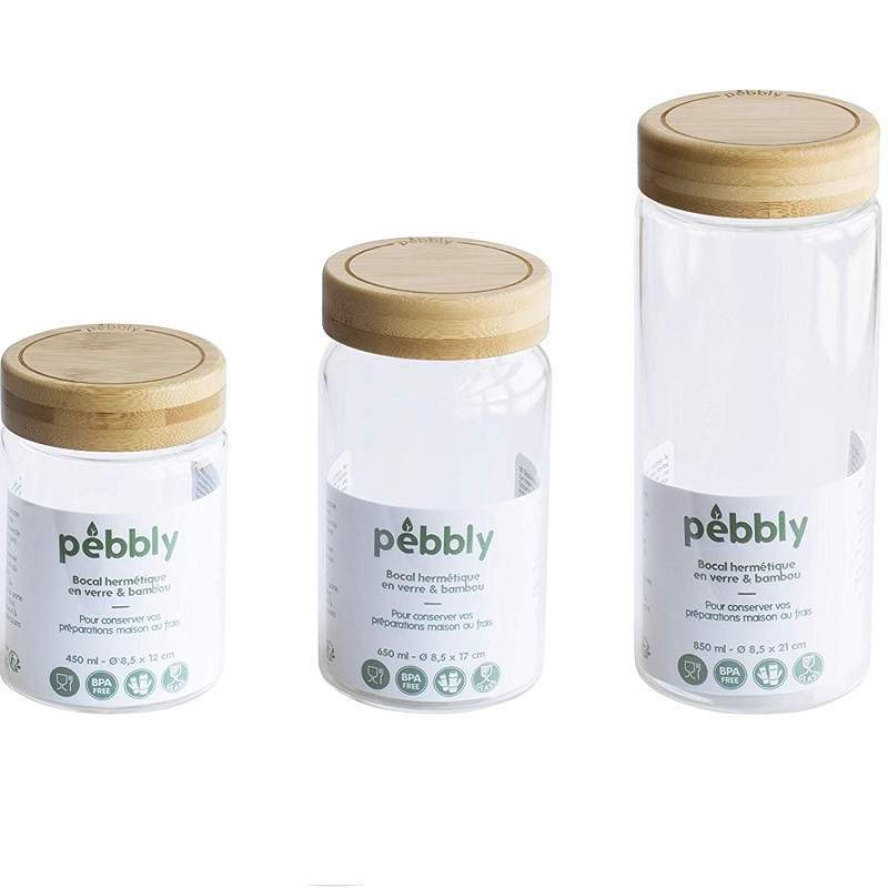 Bocal en verre avec couvercle a visser en bambou 850 ml - pebbly