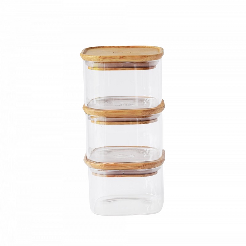 Lot de 3 boites carres en verre avec couvercle en bambou 3 x 500 ml - pebbly
