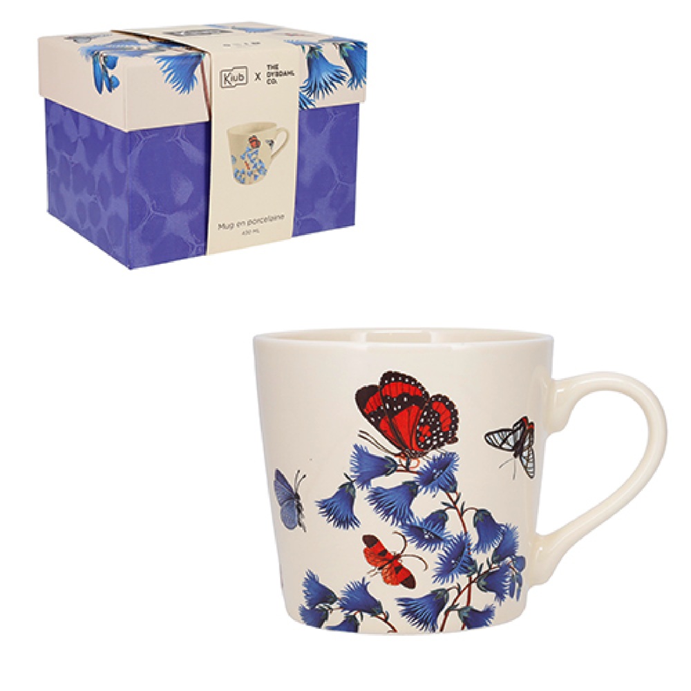 Mug arrondi xl 430ml boite cadeau, encyclopédia fleurs et papillons bleu - kiub