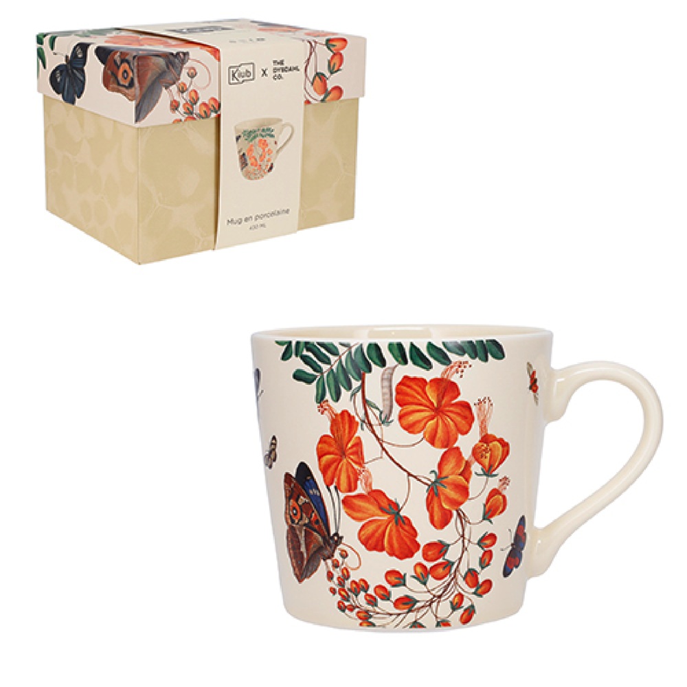 Mug arrondi xl 430ml boite cadeau, encyclopédia fleurs et papillons orange - kiub