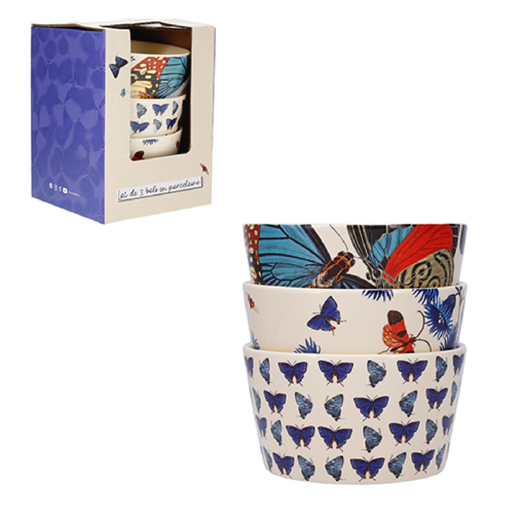 Lot de 3 bols apéro ø10 cm - boite ouverte, encyclopédia papillons bleu - kiub