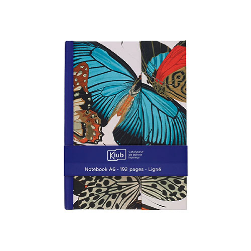 Note book, bloc note ligné a6 192 pages, fermeture magnétique, encyclopédia papillons bleus - kiub