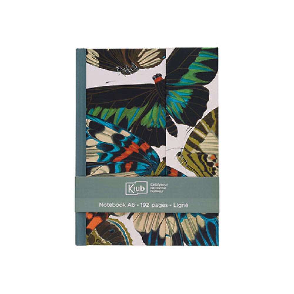 Note book, bloc note ligné a6 192 pages, fermeture magnétique, encyclopédia papillons vert - kiub