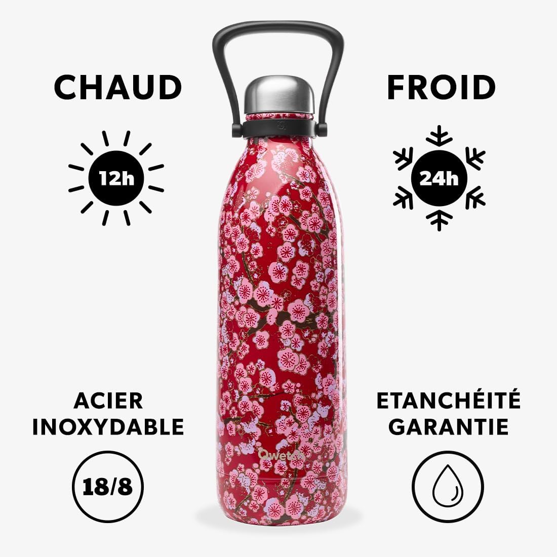 Bouteille isotherme avec poignée de portage 1,5 l titan flowers rouge - qwetch