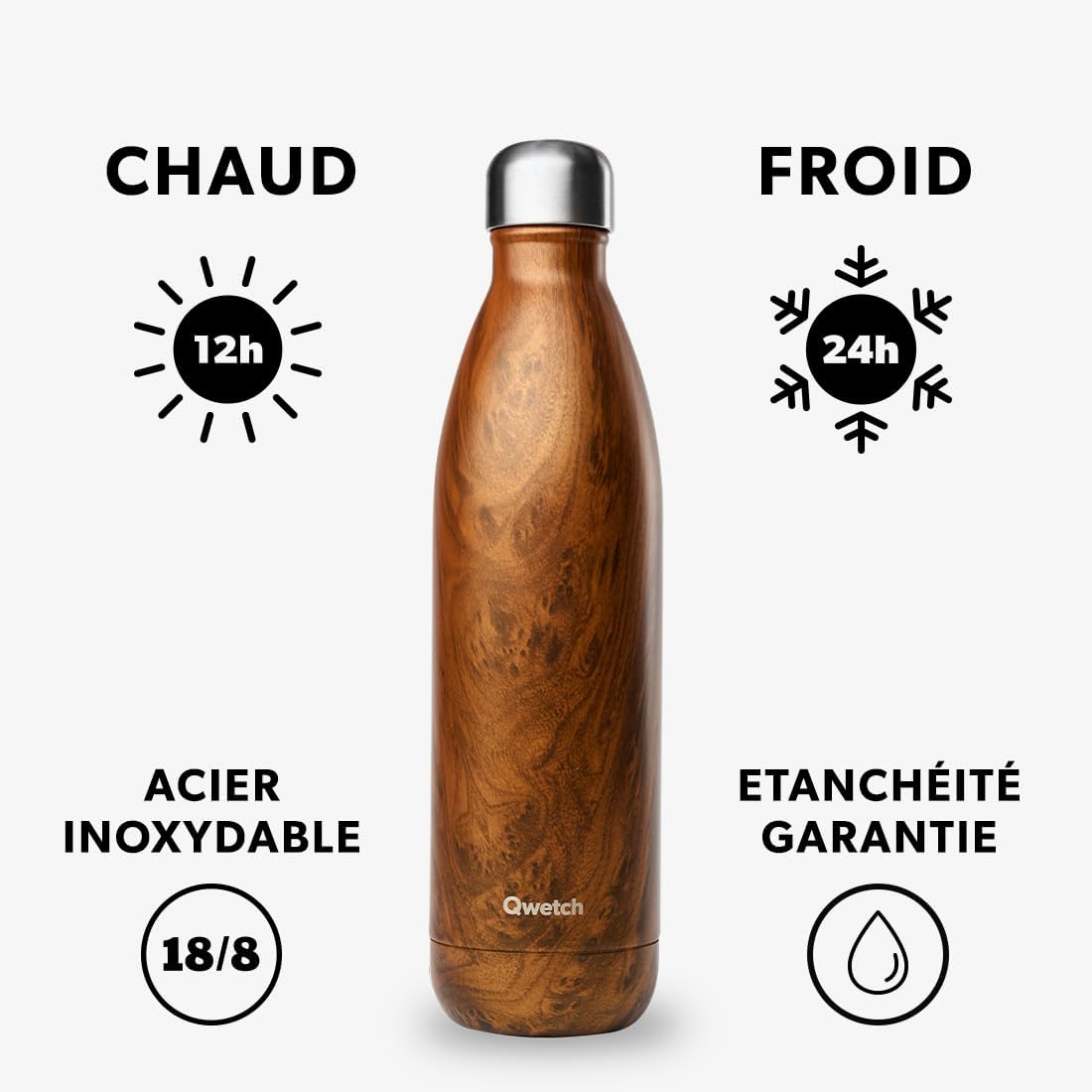Bouteille isotherme - wood brun 750ml - qwetch