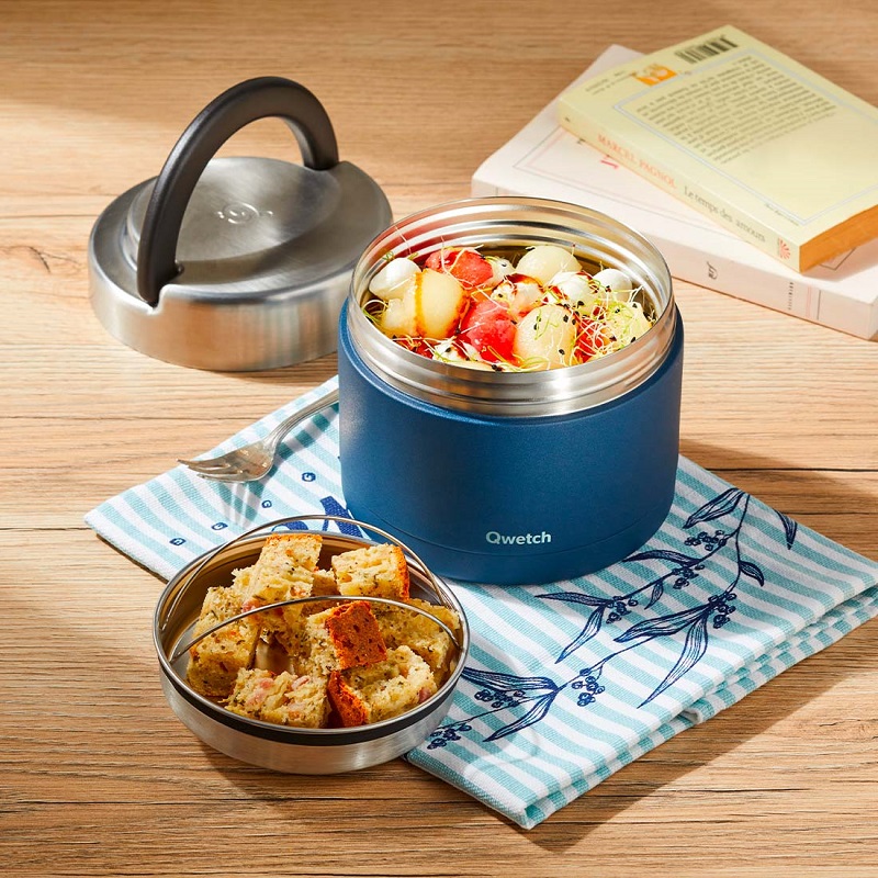 Boite repas isotherme avec poignée de portage - granite bleu 850 ml - qwetch