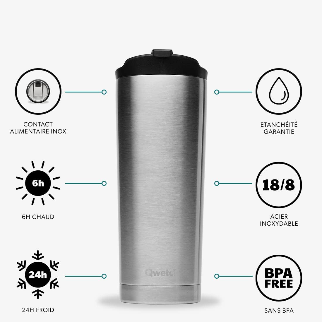 Travel mug inox isotherme inox brossé - 470ml - qwetch