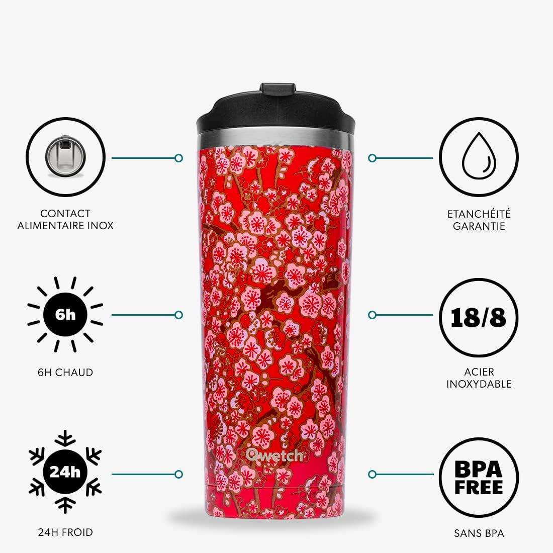 Travel mug inox isotherme flowers rouge - 470ml - qwetch