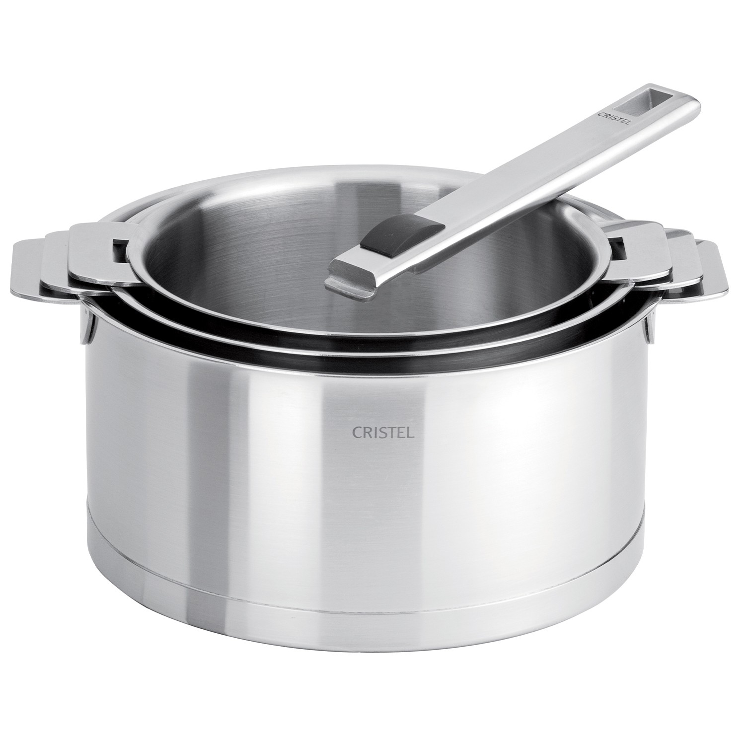 Série de 3 casseroles strate en inox brossé 16 a 20 cm finition l + 1 poignée en inox strate - cristel