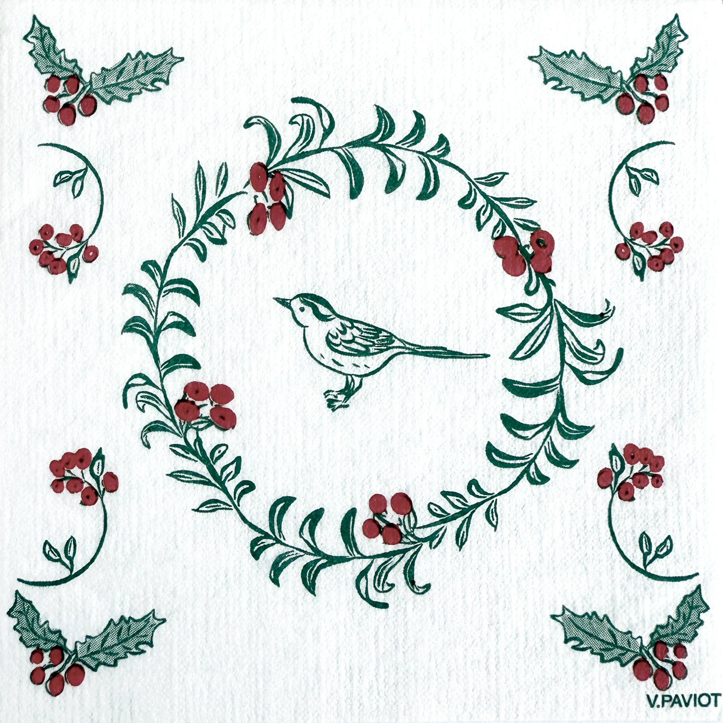 Lot de 20 serviettes intissées 25 x 25 cm oiseau houx - francoise paviot