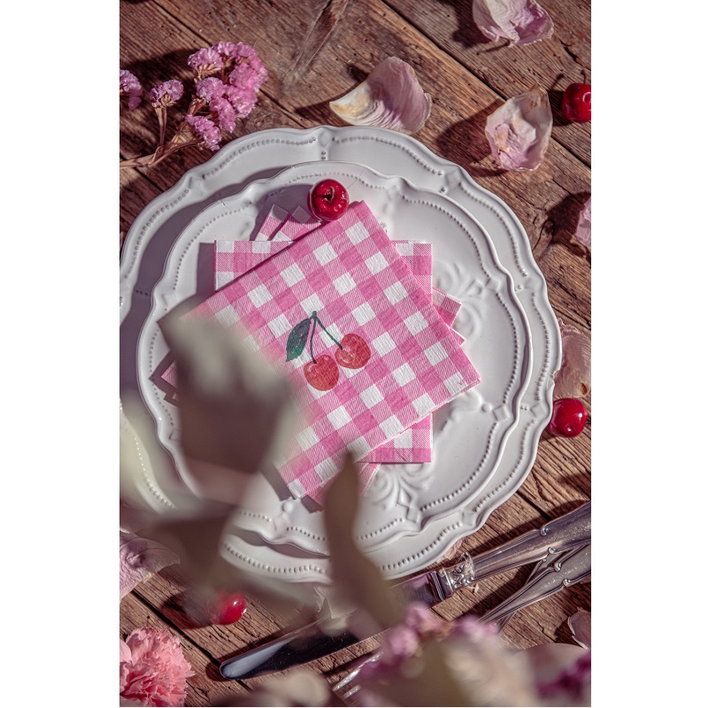 Lot de 20 serviettes de table intisse 25 x 25 cm cerise vichy rose - francoise paviot