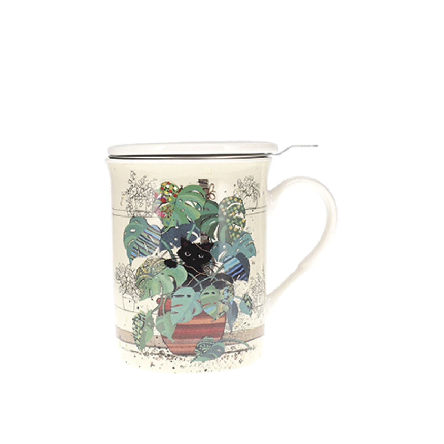 Tisanière en porcelaine avec infuseur 380ml en boite cadeau bug art chaton monstera - kiub