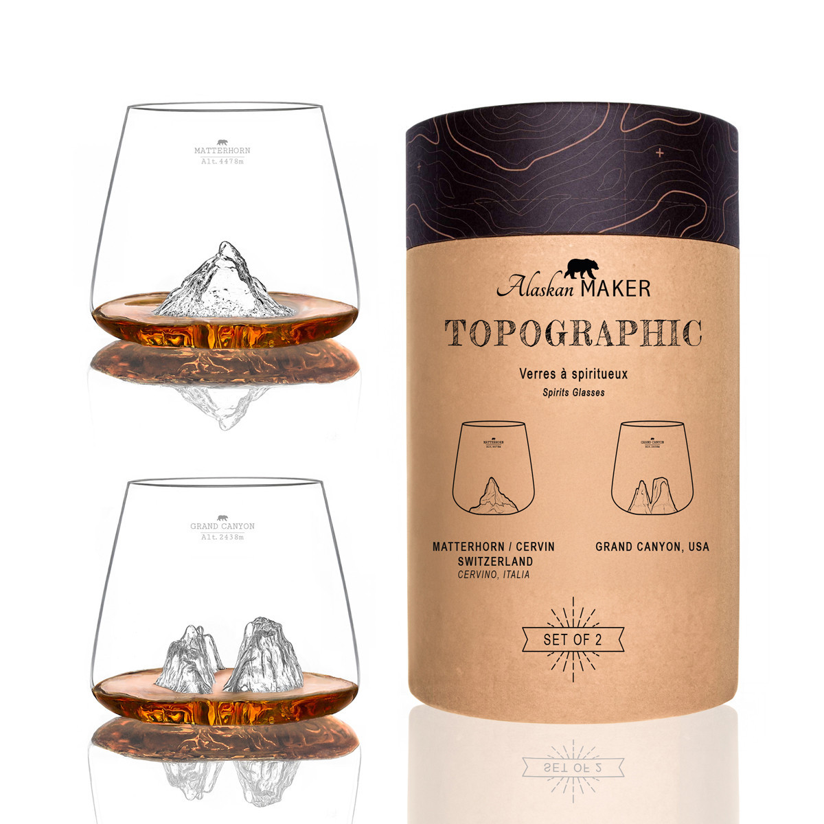 Set de 2 verres à whisky grand canyon et matterhorn topographic - alaskan maker