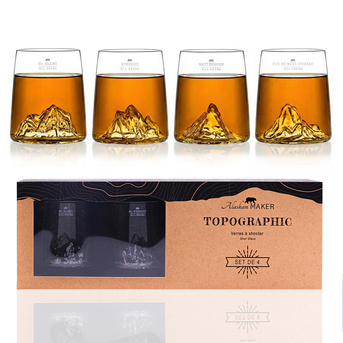 Coffret de 4 shooters topographic, everest, mont blanc, matterhorn, pic du midi - alaskan maker