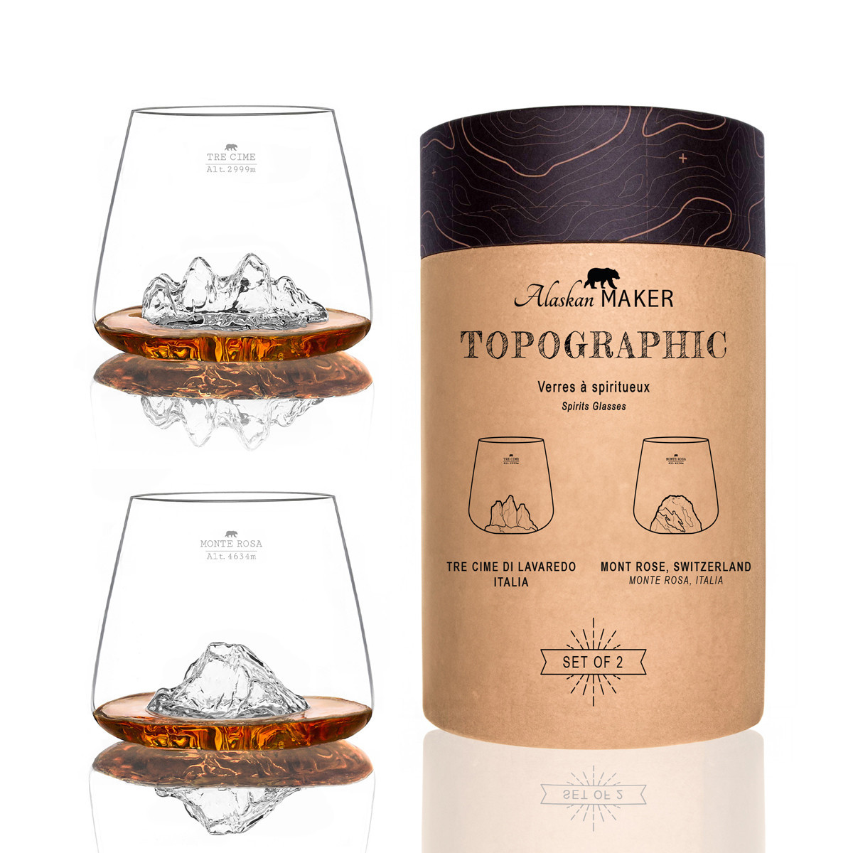 Set de 2 verres tre cime di lavaredo et mont rosa topographic - alaskan maker