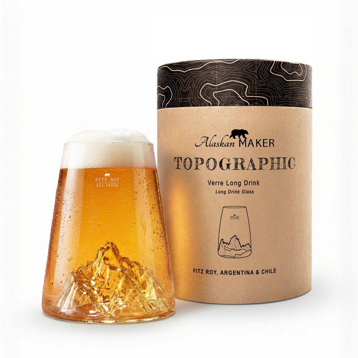 Verre long drink et bière - montagne fitz roy - alaskan maker