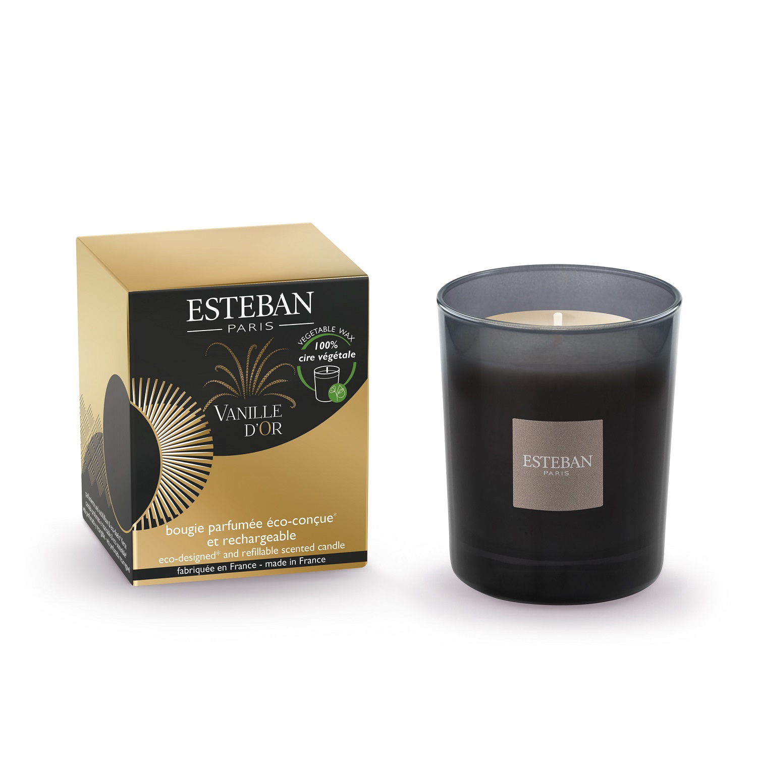 Vanille d'or, bougie parfumée initiale rechargeable 180g - esteban