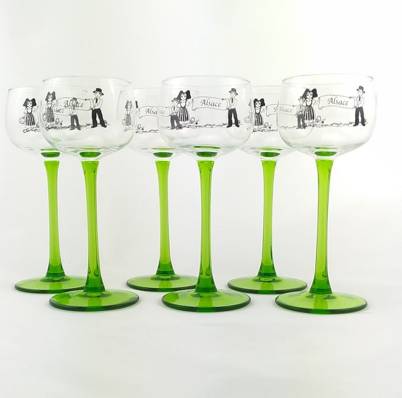Lot de 6 verres à vin d'alsace pied vert, décor couple alsaciens 15 cl - boeckling