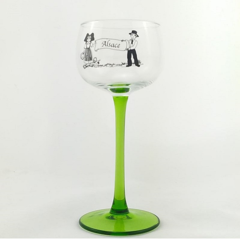 Lot de 6 verres à vin d'alsace pied vert, décor couple alsaciens 15 cl - boeckling
