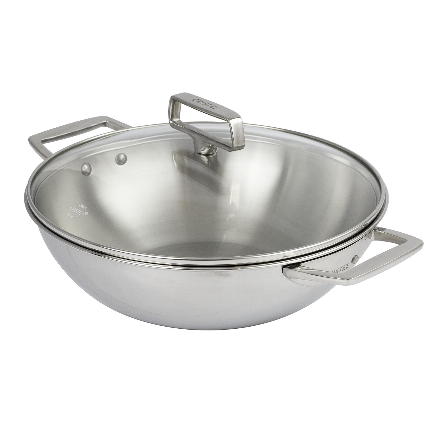 Wok en inox ø28 cm, 2 anses fixes, avec couvercle en verre, castel pro 5 ply - cristel